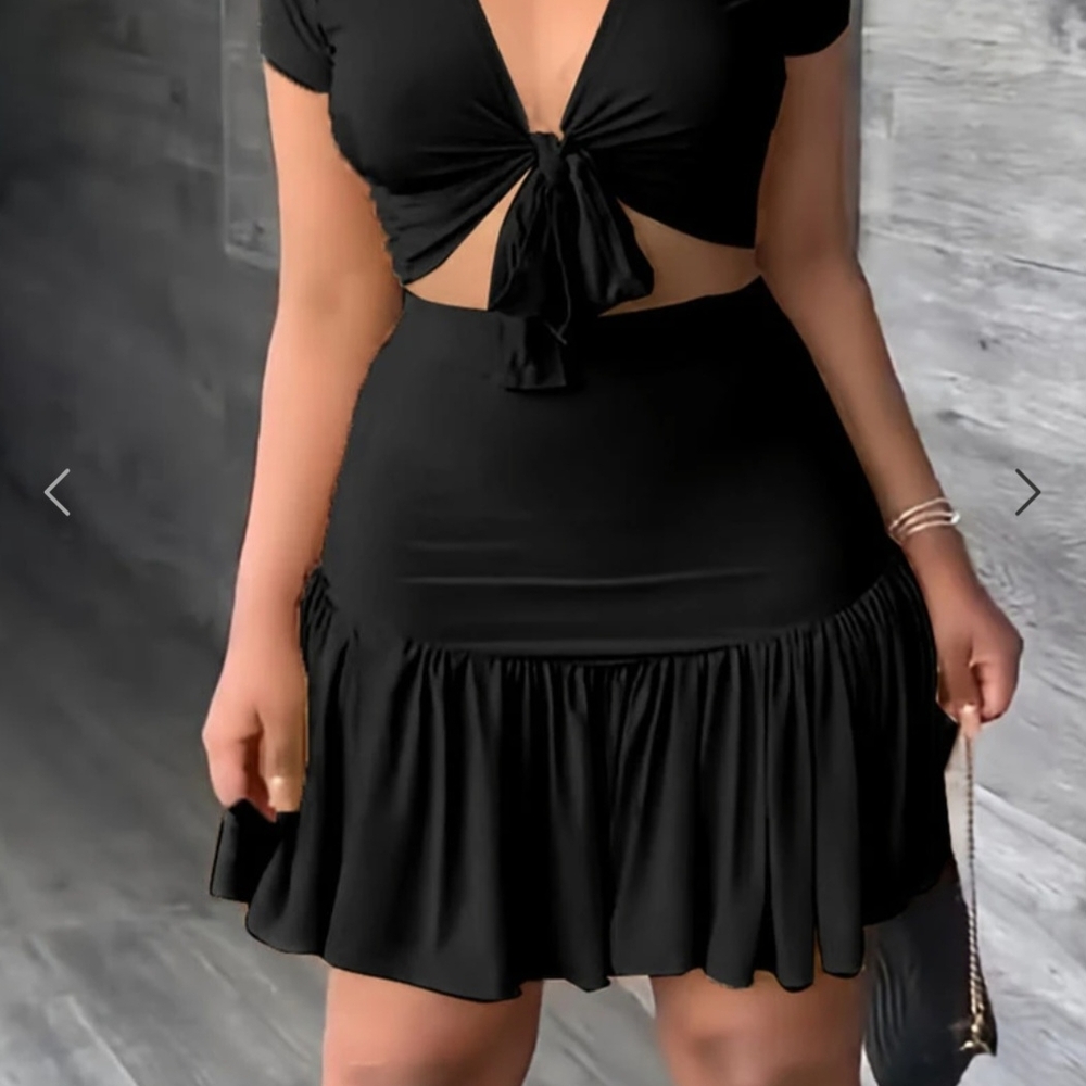 Chic Black Tie-Front Skirt Set